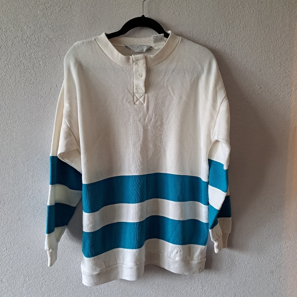 Blair Women's Cream and Blue Striped Crewneck Sweater